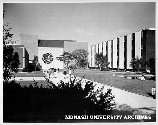 Forum from bookshop, showing University Offices, Robert Blackwood Hall and Main library