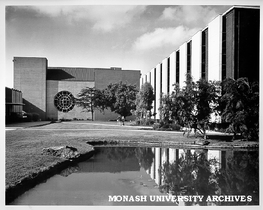 Forum with Robert Blackwood Hall, library and pond