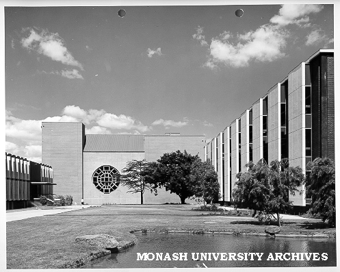 Forum showing part of University Offices, Robert Blackwood Hall and library