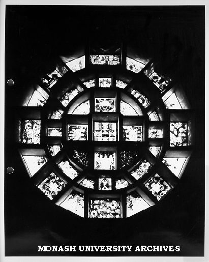 Lindesay Clark window by Leonard French at night, Robert Blackwood Hall