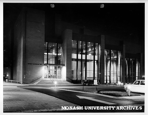 Robert Blackwood Hall front entrance at night