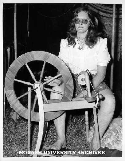 Student, Janie Ashby demonstrating spinning, Open Day 1975