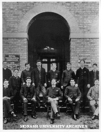 Pharmacy students and lecturers outside Pharmaceutical Society Swanston Street premises