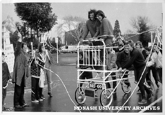 Winning Box Hill High School students after marathon bed-push around ring road