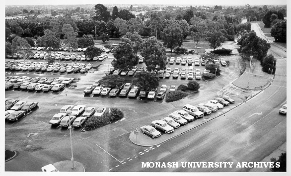 Raised view of car parks near Education corner of Ring Road South