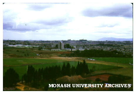 Raised view of campus, Vice-Chancellor's house in foreground