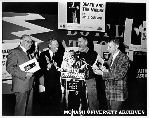 Launch of 1993 Theatre season. Reg Livermore 'launches' the season watched by Phil A'Vard (left), Professor Mal Logan, Mr Carillo Gantner, and Mr Chris Pupe