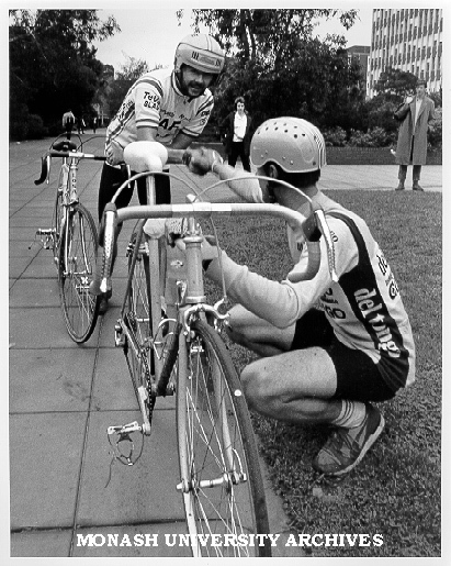 Winning cyclist Brendan Boyce shaking hands with runner-up Peter Starkie