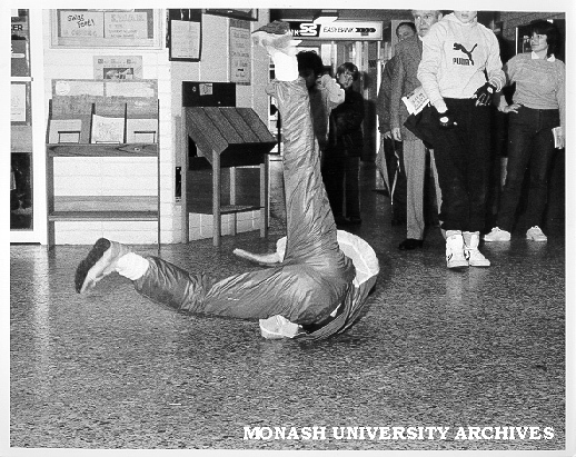 Lino Ettia of Backstreet Boogy break dancing in Union foyer, Open Day