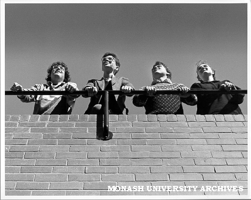 Members of Monash contingent in University Challenge, from left: Warren Batchelor (coach and manager), David Klempfner, Marcus Brumer and Emma Watson