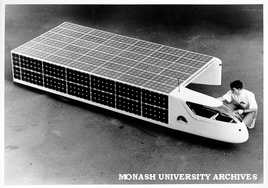 Contender in the World Solar Car Challenge - Parhelion, developed by consortium of staff and students of Chisholm, Monash Materials Engineering department, and Moorabbin and Dandenong TAFEs