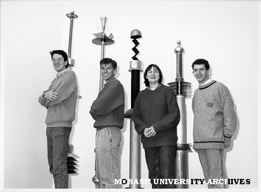University Challenge team at Gallery exhibition, from left: Nicholas Laffey, Andrew Brown, Emma Watson (manager) and Jamie Hyams