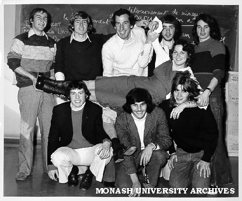 Members of French/Spanish Club preparing for Union Night. Matt Fanning, David Head, Colin Truslove, Graeme Truslove, Gerald Fitzgerald, Geoff Rushworth, Dave Clark and Michael Kirkpatrick, with choreographer Sandi Givens