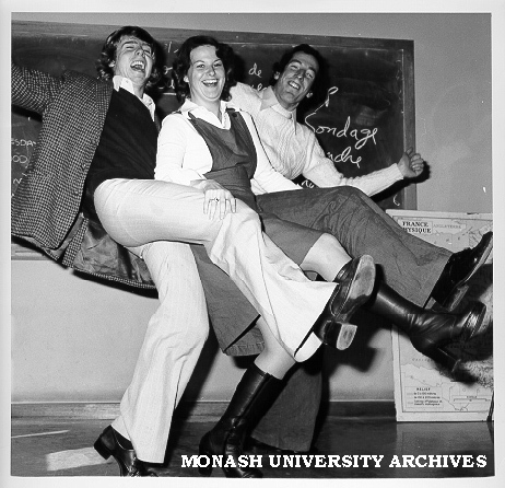 Members of French/Spanish Club practicing for Union Night, Colin and Graeme Truslove with choreographer Sandi Givens