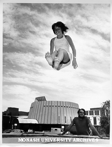 Trampolining, Orientation Week, Jenny Hoskings on trampoline, Gary Jenkins looking on