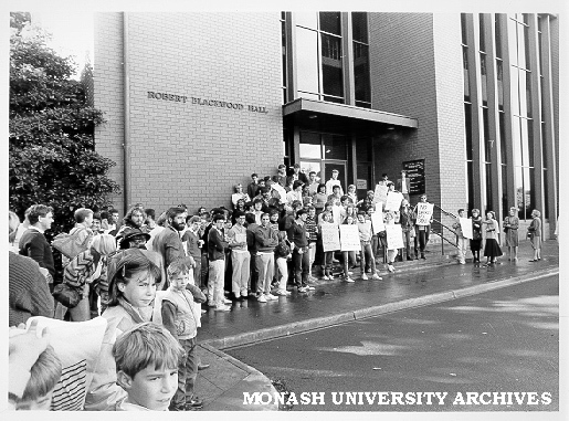 Students protesting outside Robert Blackwood Hall
