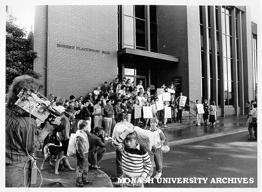 Students protesting outside Robert Blackwood Hall