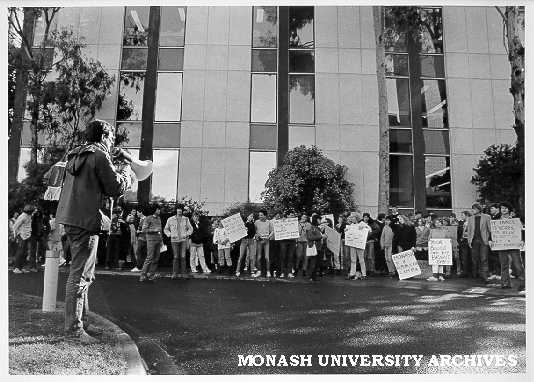 Students protesting outside Robert Blackwood Hall