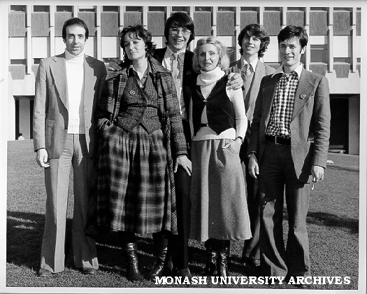 Monash and Cambridge debating teams, from back left: Tony Boffa, Andrew Mitchell, Mark Walker; front: Daphne Romney, Marla Gwynne and Daniel Janner