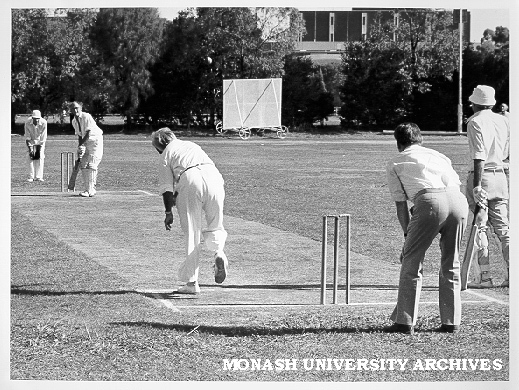 Professorial Board cricket match, Professor Owen Potter bowling to Dean of Medicine Professor Graeme Schofield
