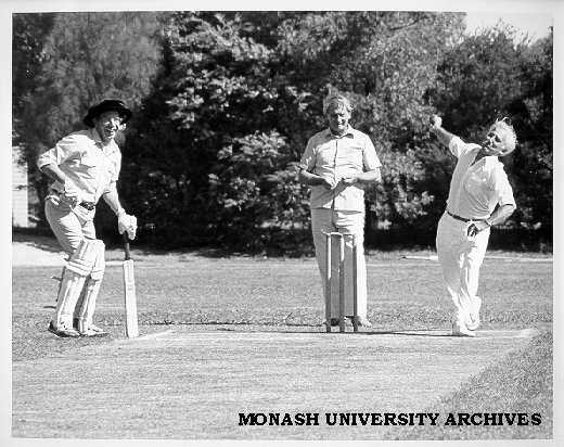 Professorial Board cricket match, Professors John Swan (left) and Owen Potter (right)