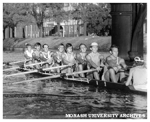 Monash Rowing Club's Senior Eight training on the Lower Yarra