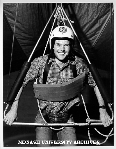 Student John Murby demonstrating hang gliding, Orientation Week