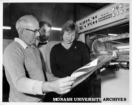 Production of Student Employment Service brochure, Irmgard Good with supervisor Ron Rodgers and printer Steven Sealey