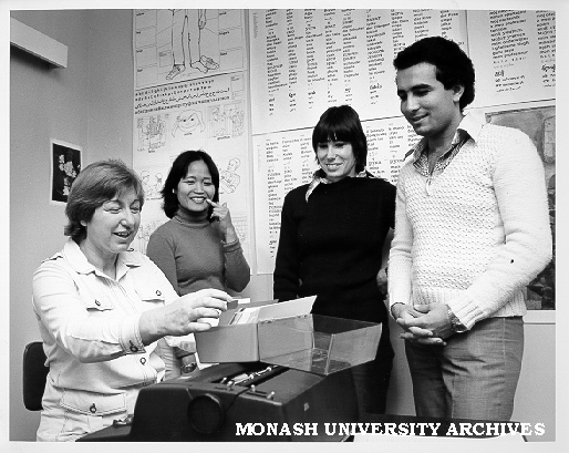 Student Employment Officer Irmgard Good with students, Noriah Taslim, Danielle Chepeau, and Robert Kaldawi