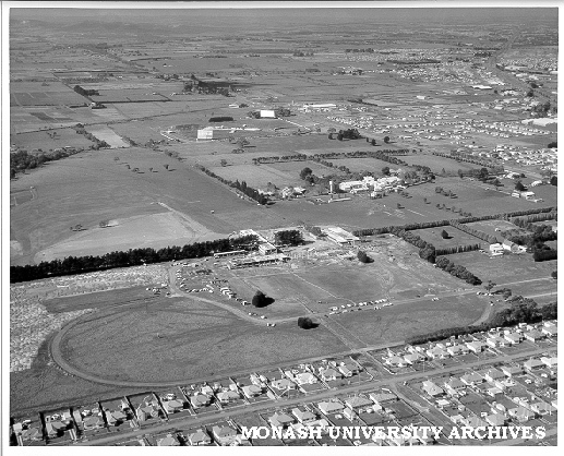 Aerial view of Clayton campus, from west, showing early stages of construction of Science buildings