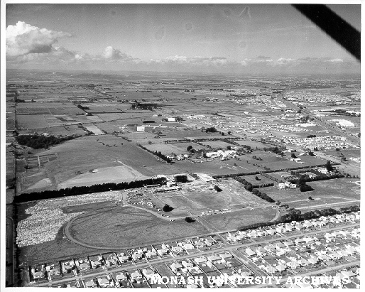 Aerial view of Clayton campus, September 1960, Beddoe Avenue and houses in foreground