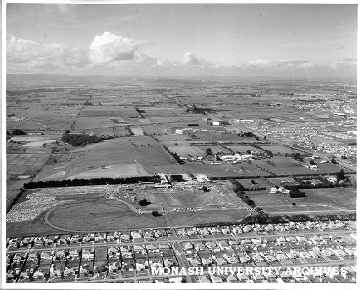 Aerial view of Clayton campus, September 1960, Beddoe Avenue and houses in foreground