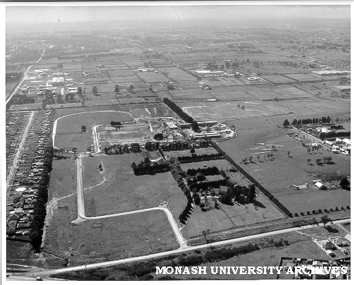 Aerial view of Clayton campus, September 1960, Wellington Road in foreground