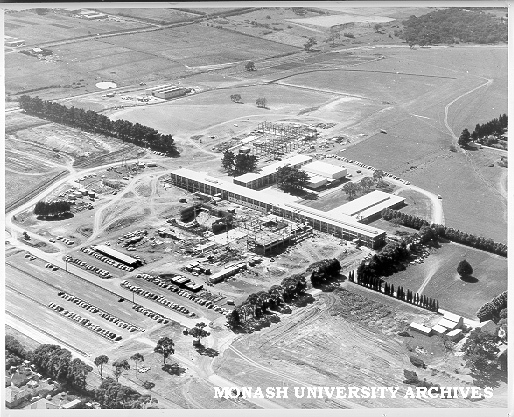 Aerial view of Science buildings under construction, March 1961, from south-west