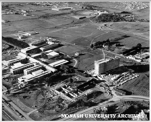 Aerial view of building construction, July 1962, from south west with Medicine building in foreground and Vice-Chancellor's house in bottom right hand corner