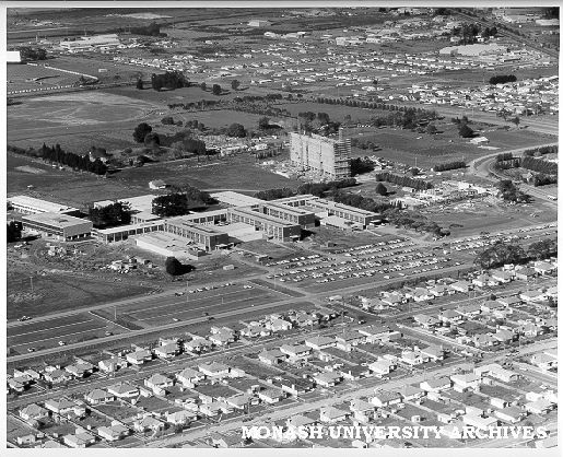 Aerial view of building construction, July 1962, from north west looking over houses of Beddoe and Marshall avenues