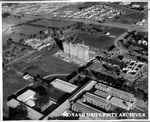 Aerial view of building construction, July 1962, from north west with Science buildings in foreground