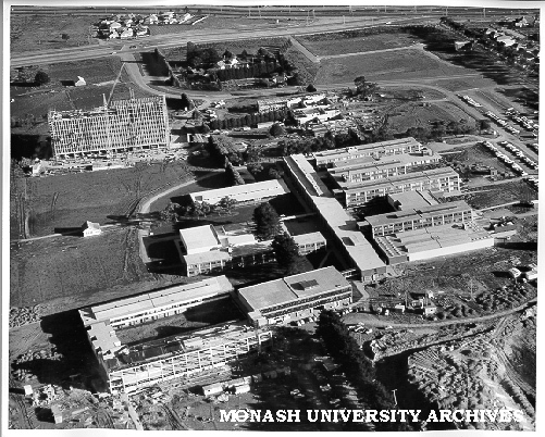 Aerial view of building construction, 16 July 1962,from north with Engineering in foreground and Vice-Chancellor's house in background