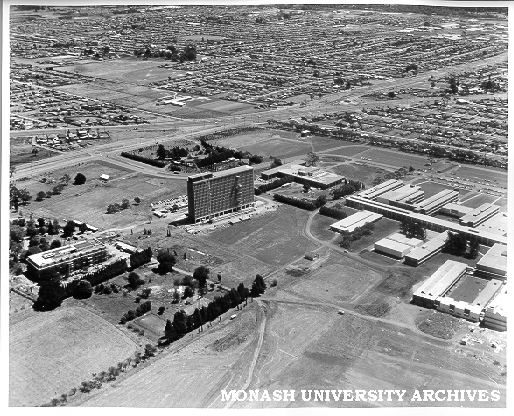 Aerial view of buildings, 21 January 1963, from north east, with Main library on left and Engineering on right