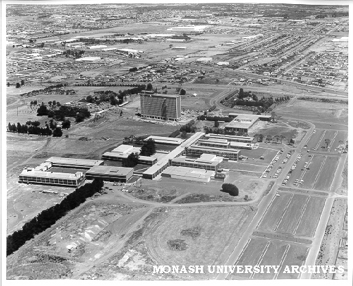 Aerial view of building construction, 21 January 1963, from north west with car parks on right