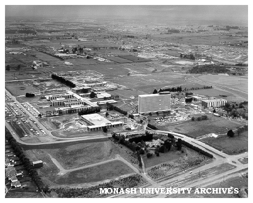 Aerial view of site and buildings, December 1963, from south west with Vice-Chancellor's house in foreground