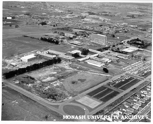 Aerial view of site and buildings, December 1963, from north west