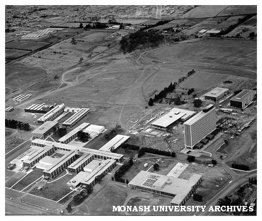 Aerial view of site and buildings, January 1964, from south west with Medicine building in foreground