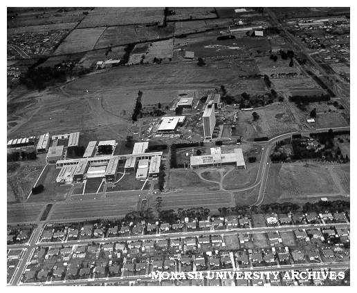 Aerial view of site and buildings, January 1964, from west with Beddoe and Marshall avenues in foreground