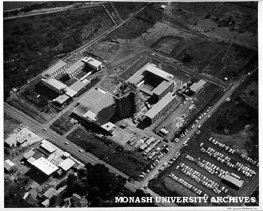 Aerial view of halls of residence, April 1966, with corner of Blackburn and Normanby roads in foreground