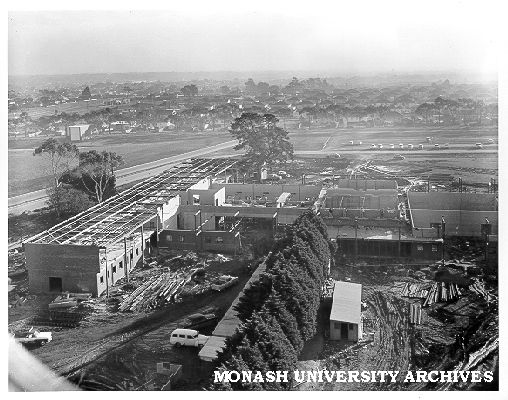 Raised view of construction of Medical building, 12 July 1962, looking west