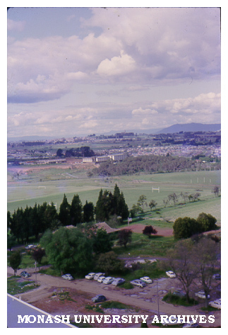 Raised view of undeveloped area to east (of Main library?), November 1964