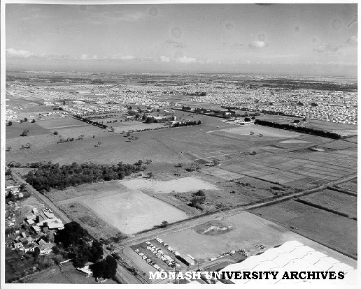 Aerial view of campus from north east with intersection of Blackburn and Normanby roads in foreground