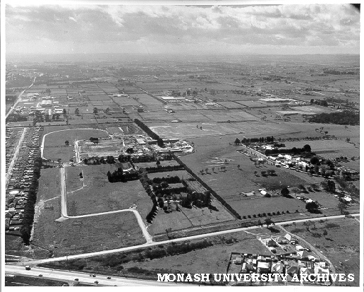 Aerial view of campus from south with Wellington Road in foreground