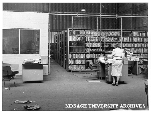 Early library accommodation in Volkswagon factory, Princes Highway